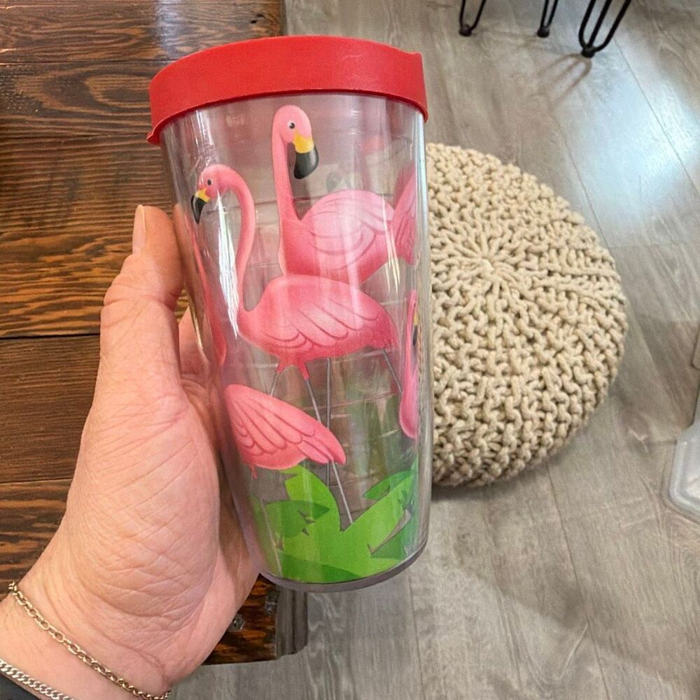 Tervis 16 oz Flamingo Tumbler Red Lid Insulated Cup, Minor Scuffs